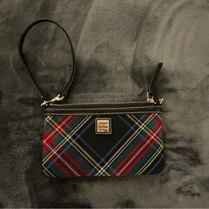 Dooney & Bourke Black Plaid Wristlet with Red, Green & Blue Tartan Design. NWOT.